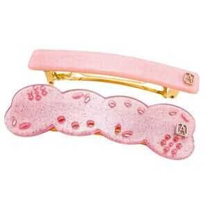 Vintage Alexander De Paris Pastel Pink Hair Barrettes Lace Motif Glitter 2.5”